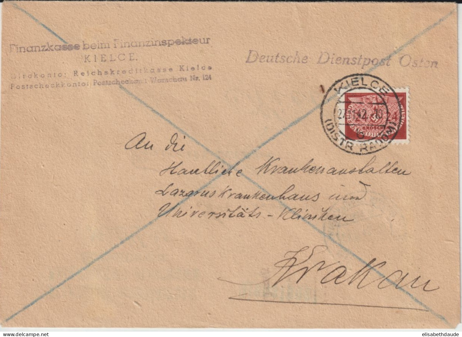 1942 - GG De POLOGNE - SERVICE / DIENSTPOST ! ENV. REUTILISEE !! De SUCHEDNIOW => KIELCE PUIS De KIELCE => CRACOVIE - Gobierno General