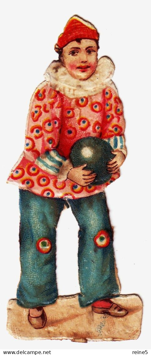 CHROMO DECOUPIS >> ENFANT CLOWN VESTE ROUGE JOUANT AUX BOULES > DIM. 9CM S/4CM -BON ETAT -REF-CHR-DEC-N°2-CLOWN ROUGE - Infantes