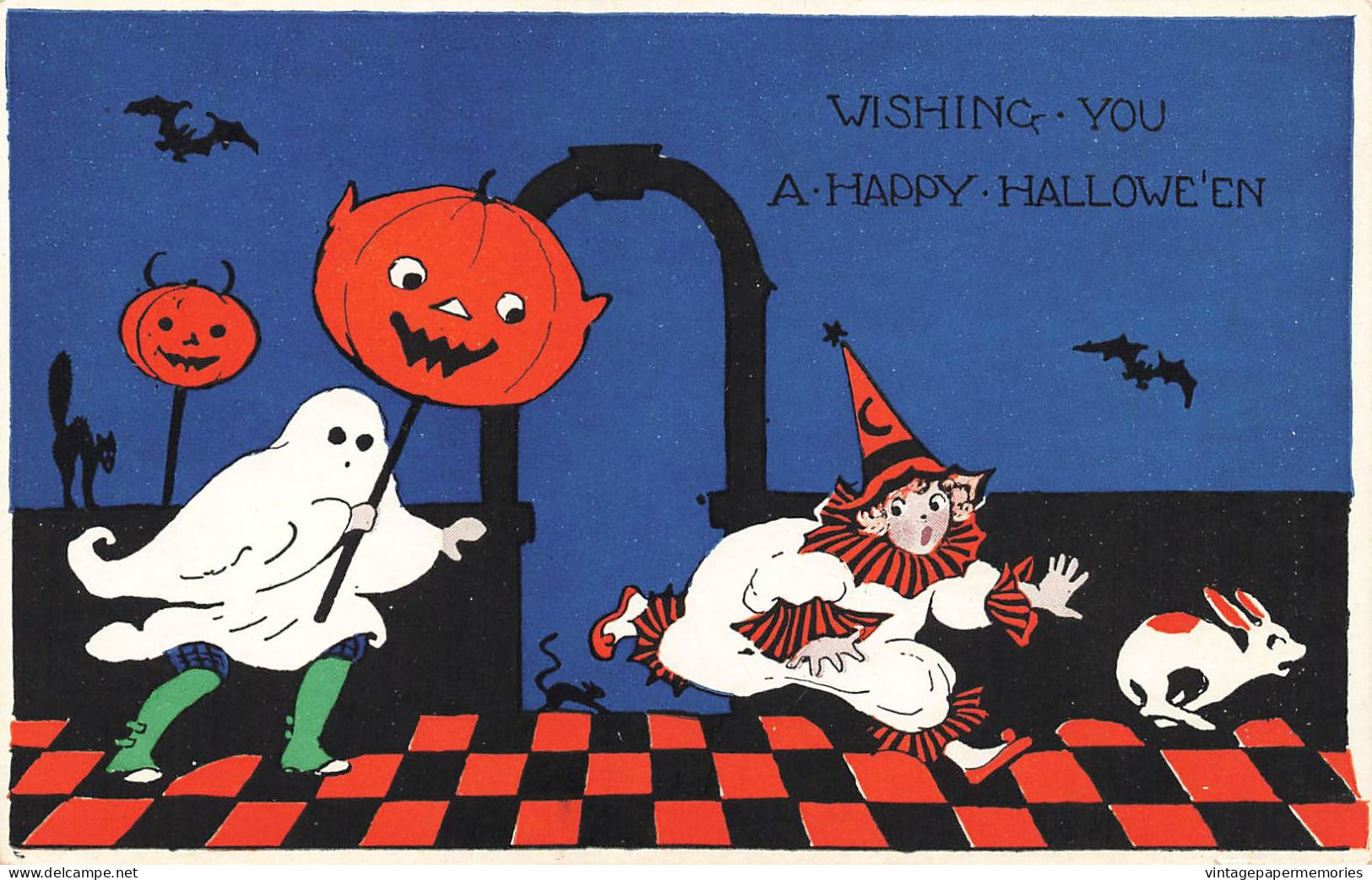 370359-Halloween, Gibson No GIB04-1, Girl & Dog Run From Ghost Holding Jack O Lantern On A Stick - Halloween