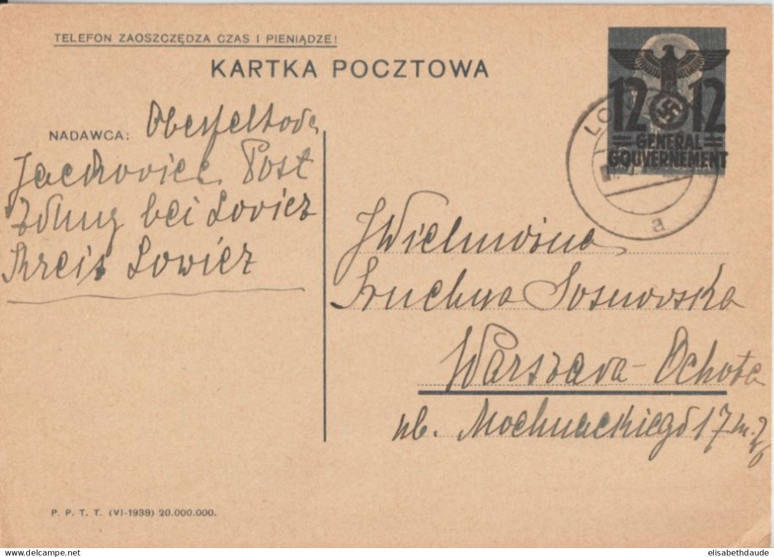 1940 - GG De POLOGNE - CARTE ENTIER POSTAL De LOVIEC => VARSOVIE - Generalregierung