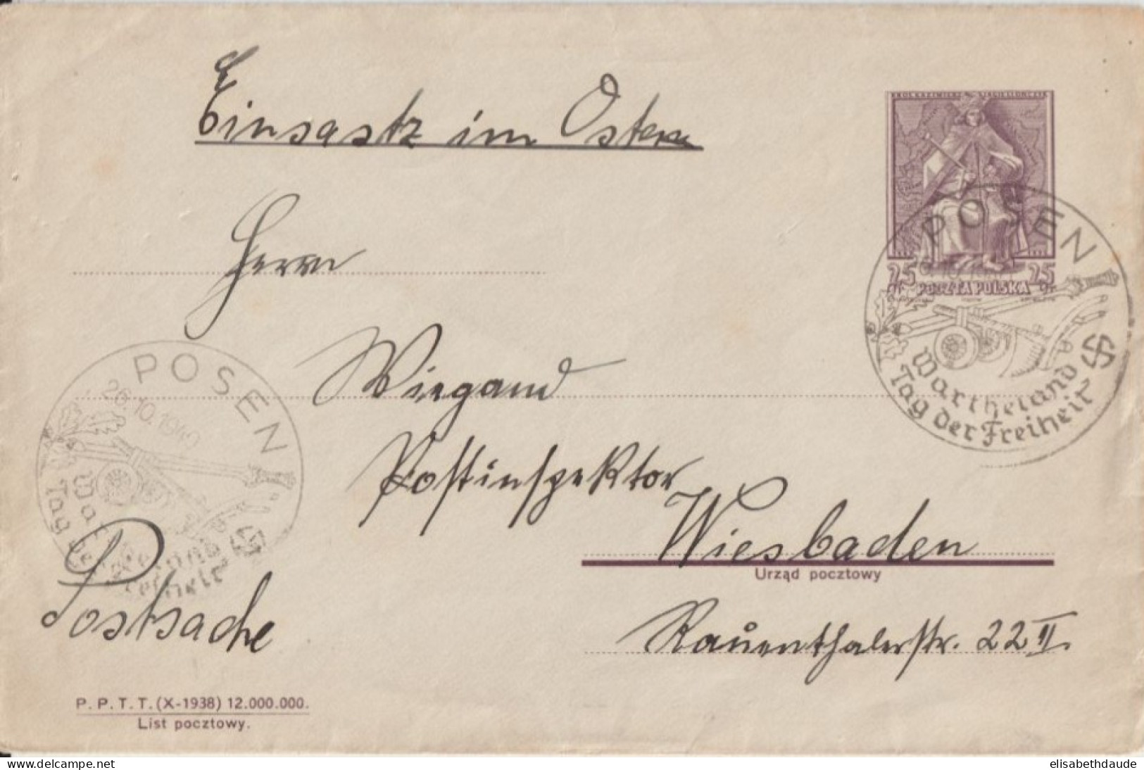 1940 - POLOGNE - ENVELOPPE ENTIER POSTAL POLONAIS UTILISEE En FRANCHISE "POSTSACHE EINSATZ IM OSTEN" De POSEN - Generalregierung