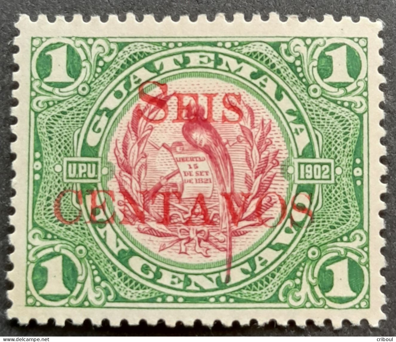 Guatemala 1916 Animal Oiseau Bird Quetzal Erreur De Surcharge Overprint Error ROUGE Au Lieu De NOIRE Yvert 157a * MH - Erreurs Sur Timbres