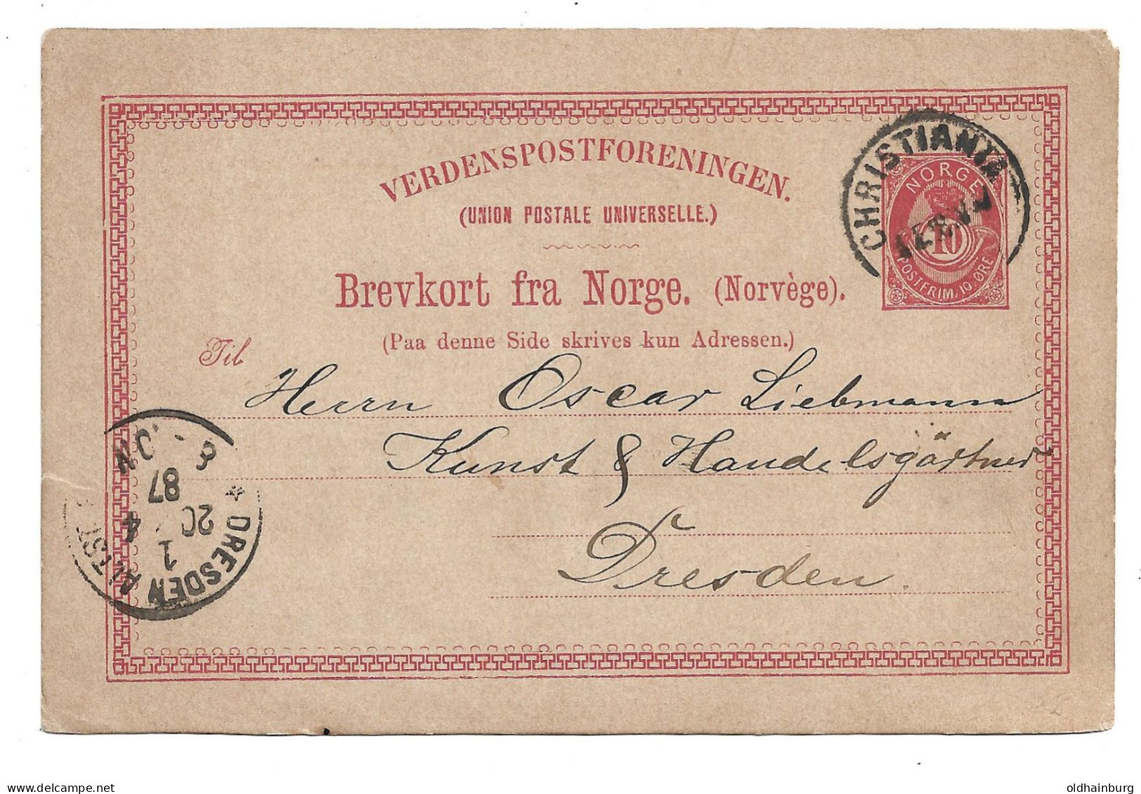 2369n: Norwegen- Postkarte Nach Dresden, 1887 - Covers & Documents