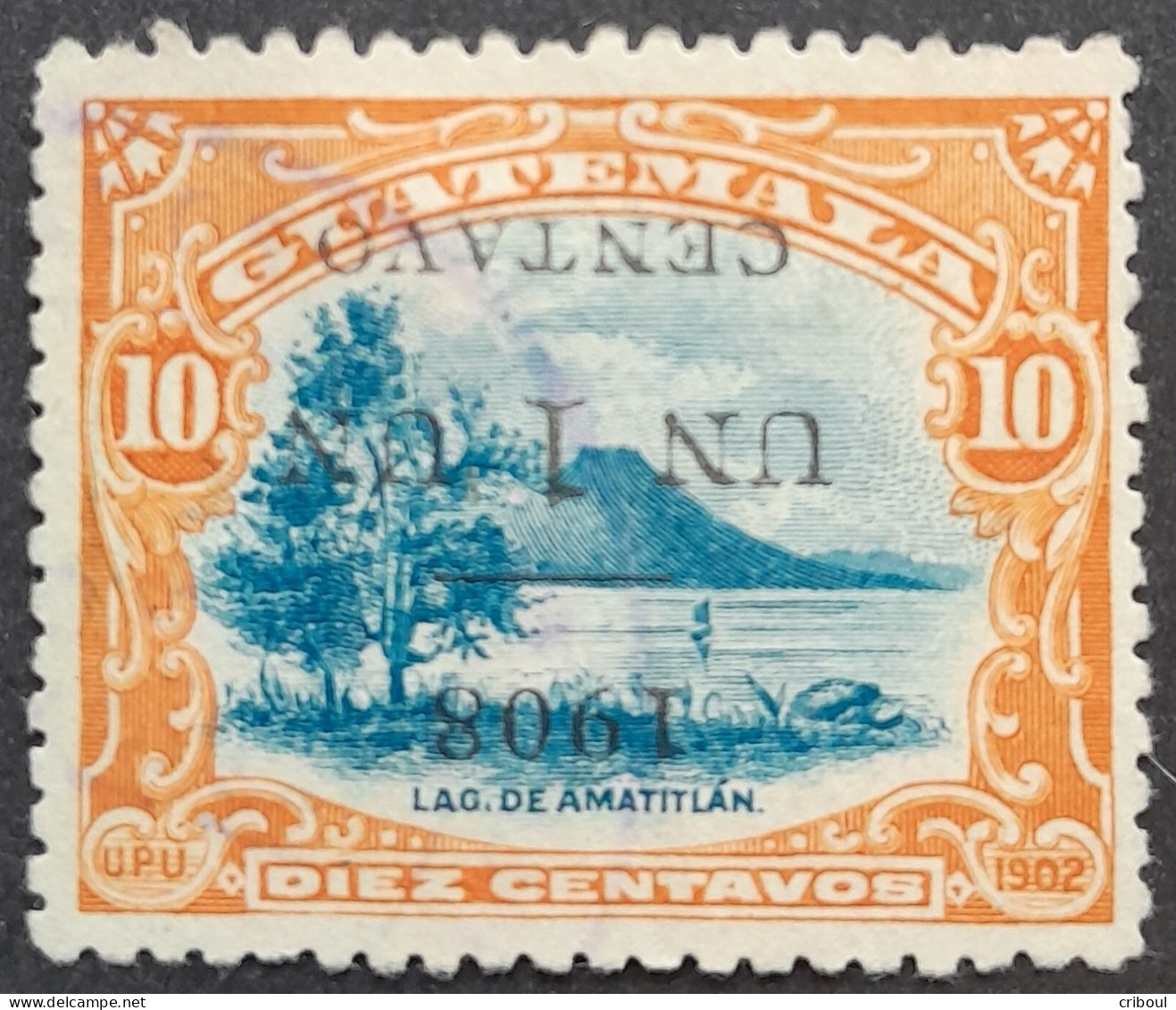 Guatemala 1908 Lac Lake Amatitlan Surcharge Renversée Inverted Overprint  Yvert 138b (*) MNG - Oddities On Stamps