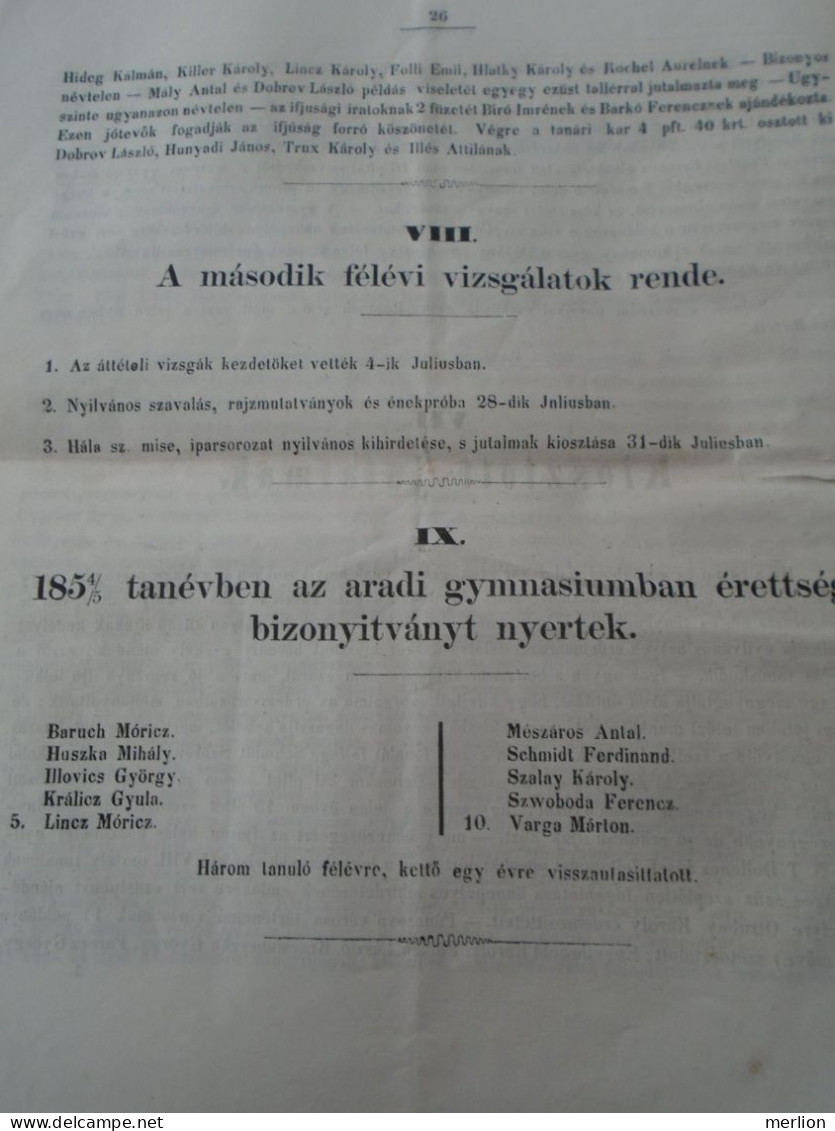 ZA464.1  Hungary  ARAD  - Az aradi minorita rendi Nagy-Gymnasium Értesítvénye  1855/6 tanévre   Romania