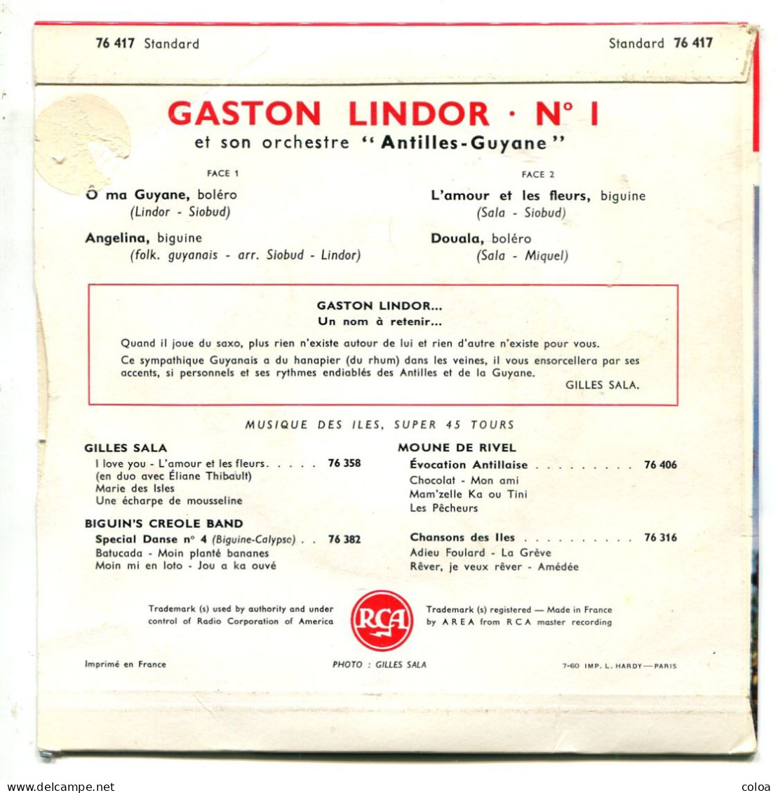 Disque 45 Tours Gaston LINDOR Et Son Orchestre Antilles Guyane Boléros Biguines - Musiques Du Monde