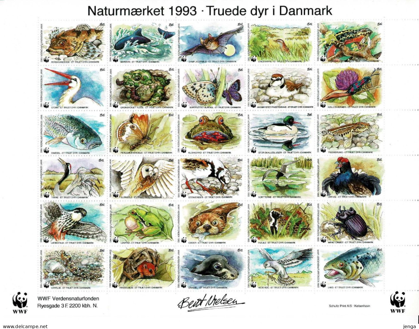 Denmark WWF 1993.  Sheet With 30 Labels;  Endangered Animals In Denmark; MNH(**). - Autres & Non Classés