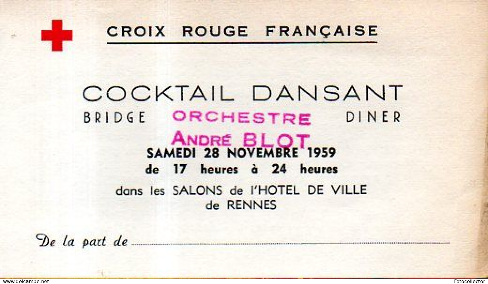 Invitation à La Réunion Annuelle De Bienfaisance Croix Rouge Française Rennes 28 Novembre 1959 - Rotes Kreuz