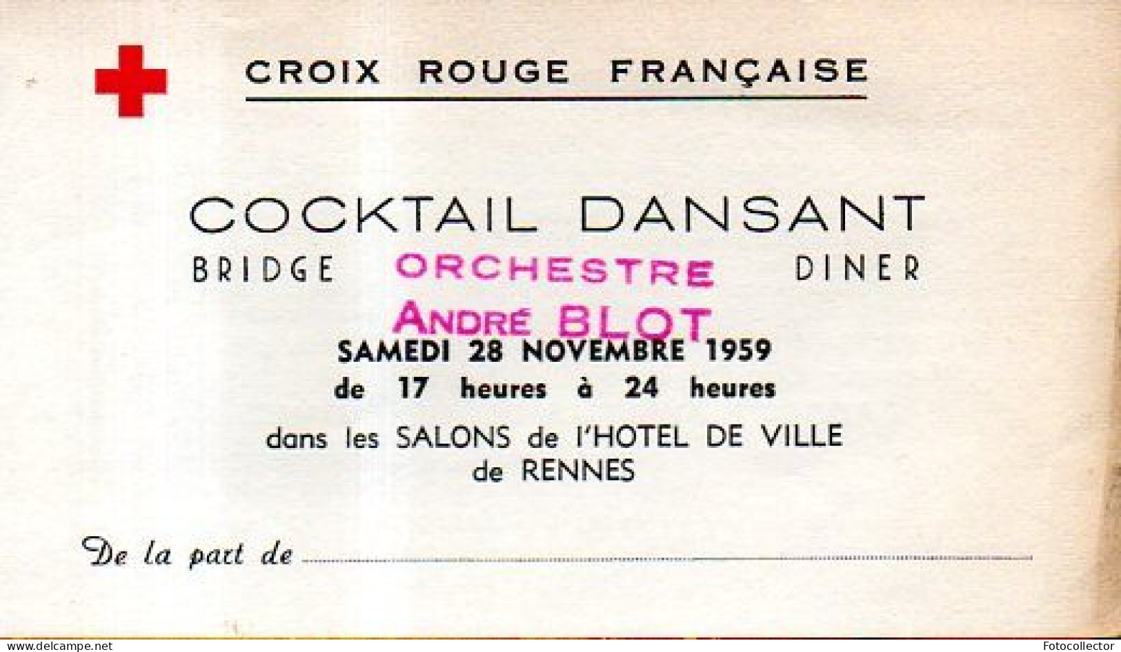 Invitation à La Réunion Annuelle De Bienfaisance Croix Rouge Française Rennes 28 Novembre 1959 - Croix-Rouge