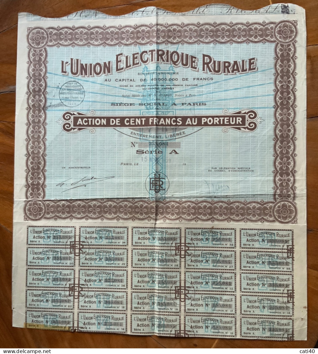 L'UNION ELECTRIQUE RURALE  - ACTION DE CENT FRANCS AU PORTEUR  - CON CEDOLE - Transports