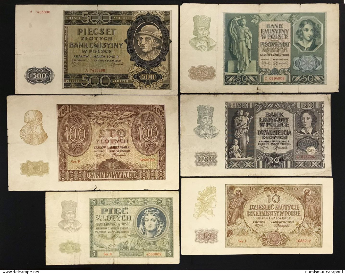 Polonia Polska  5 10 20 50 100 500 Zlotych 1940 6 Banknotes Lotto.2808 - Pologne