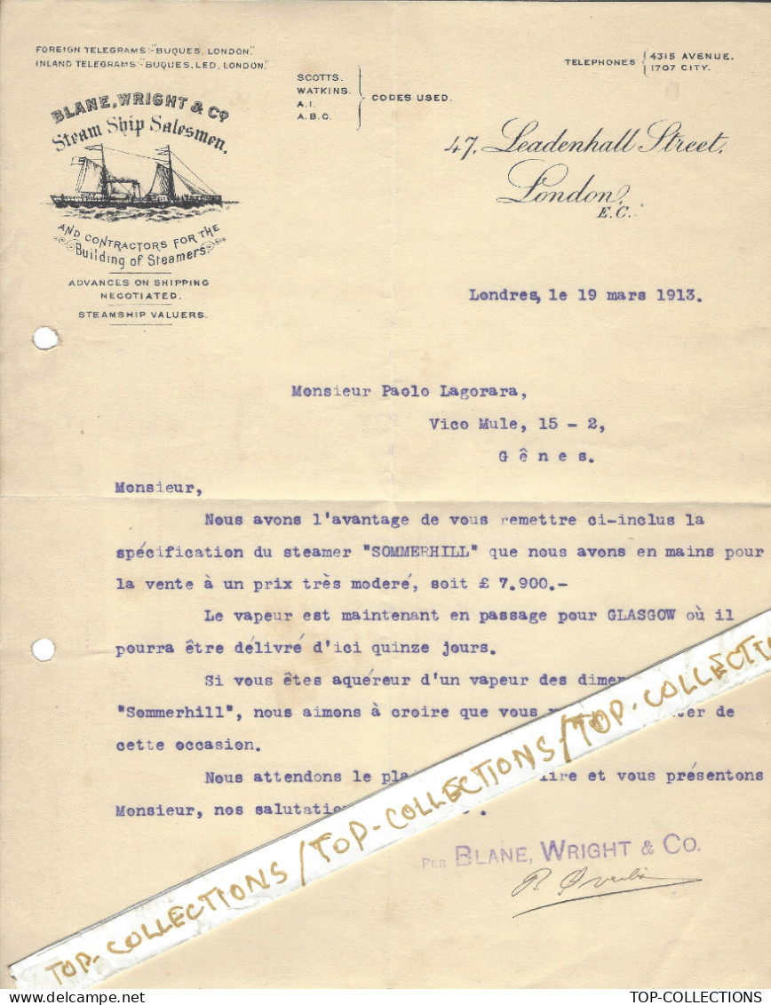 1913  ENTETE Blane,Wright & Co Londres Pour Gênes Italie Steamer Sommerhill » V.SCANS - Regno Unito