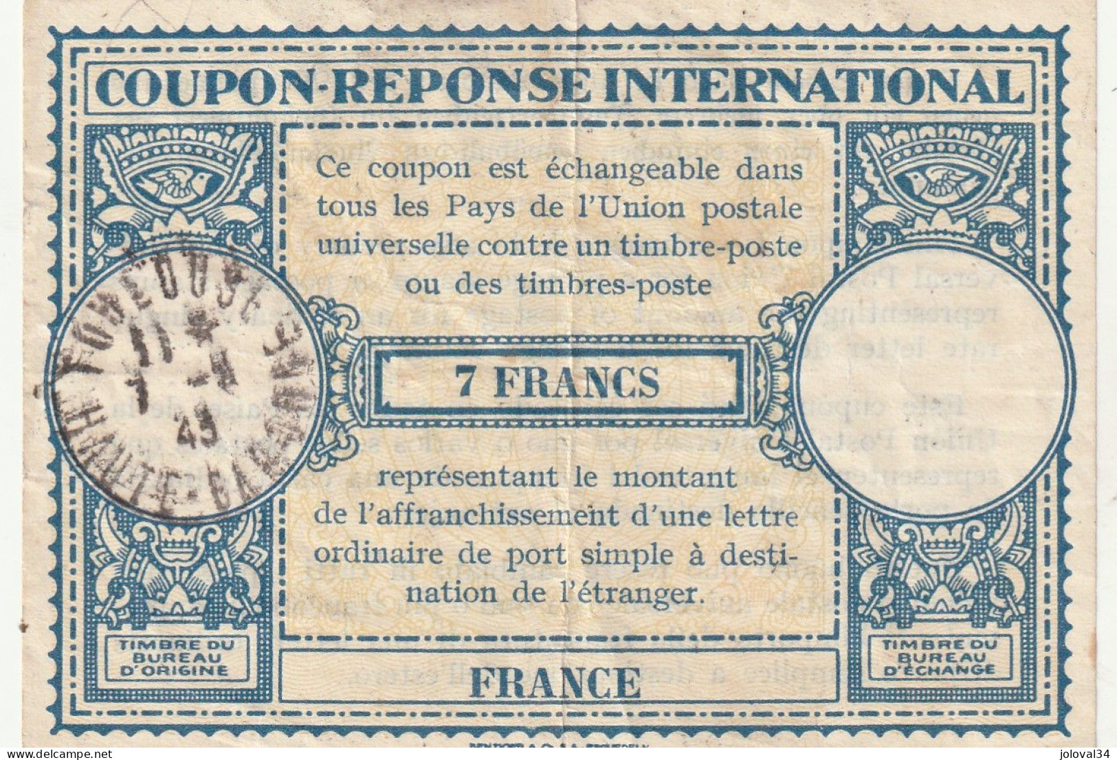 Coupon Réponse International 7 Francs TOULOUSE Haute Garonne 1943 - Cupón-respuesta