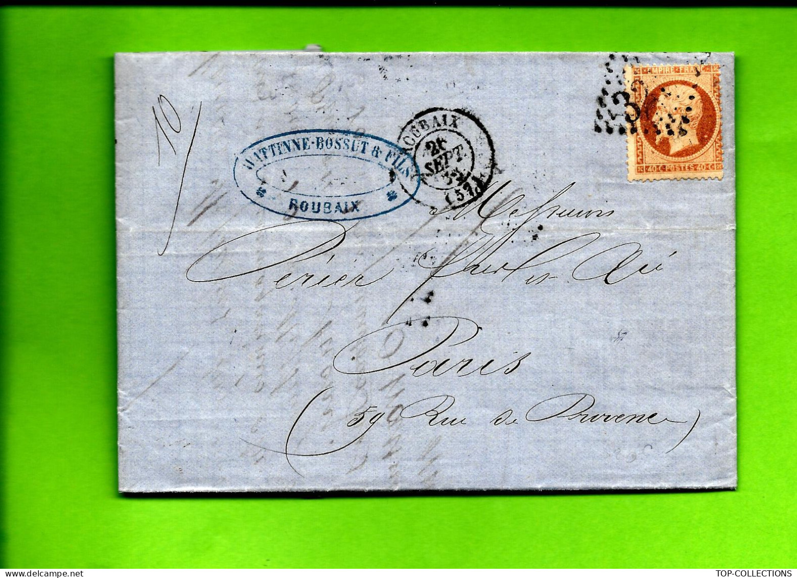 1868 TIMBRE EMPIRE 	Oblit. Gros Ch. 3218 INDUSTRIE NORD Wattinne Bossut Fils  Roubaix > Perier Fils Paris  V.HISTORIQUE - 1800 – 1899