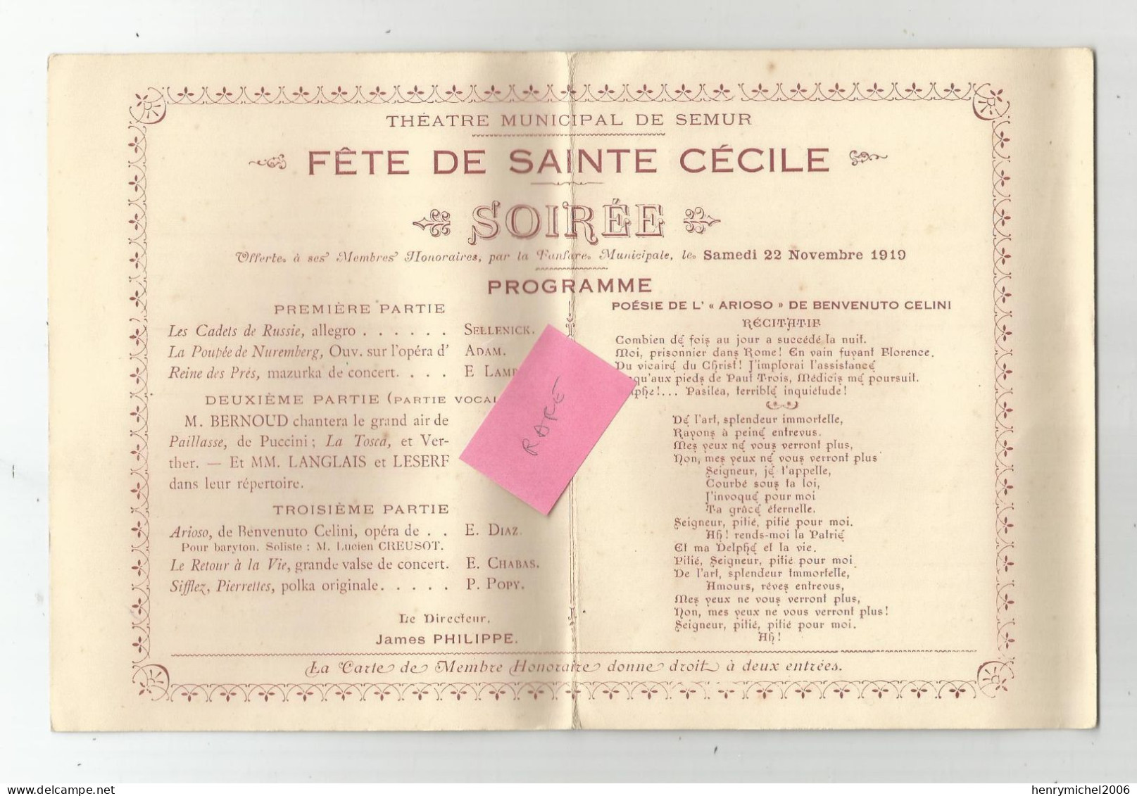 21 Semur Théatre Municipal Fete De Sainte Cécile Soirée Programme 1919 Carnet De Bal 24,5x16 Cm - Programmi