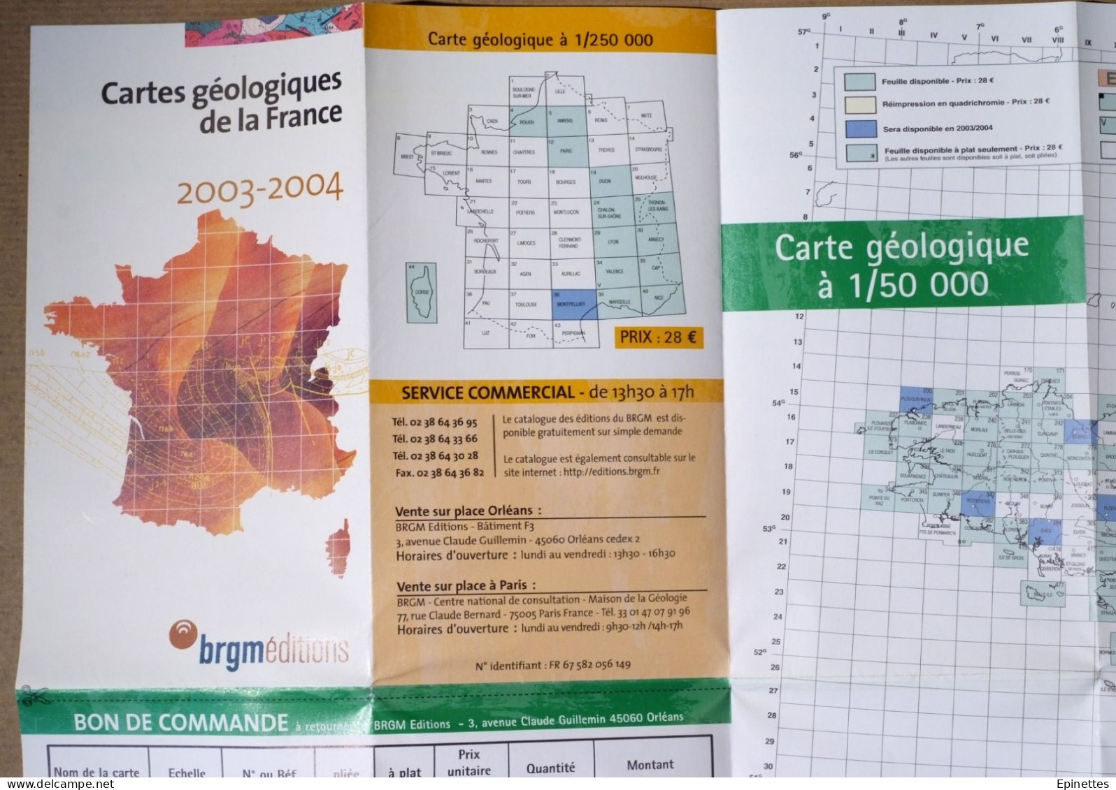 Cartes Géologiques De La France, Dépliant BRGM Avec Tableau D'assemblage, Informations, Tarifs, Bon De Commande, 2003-04 - Cartes Topographiques