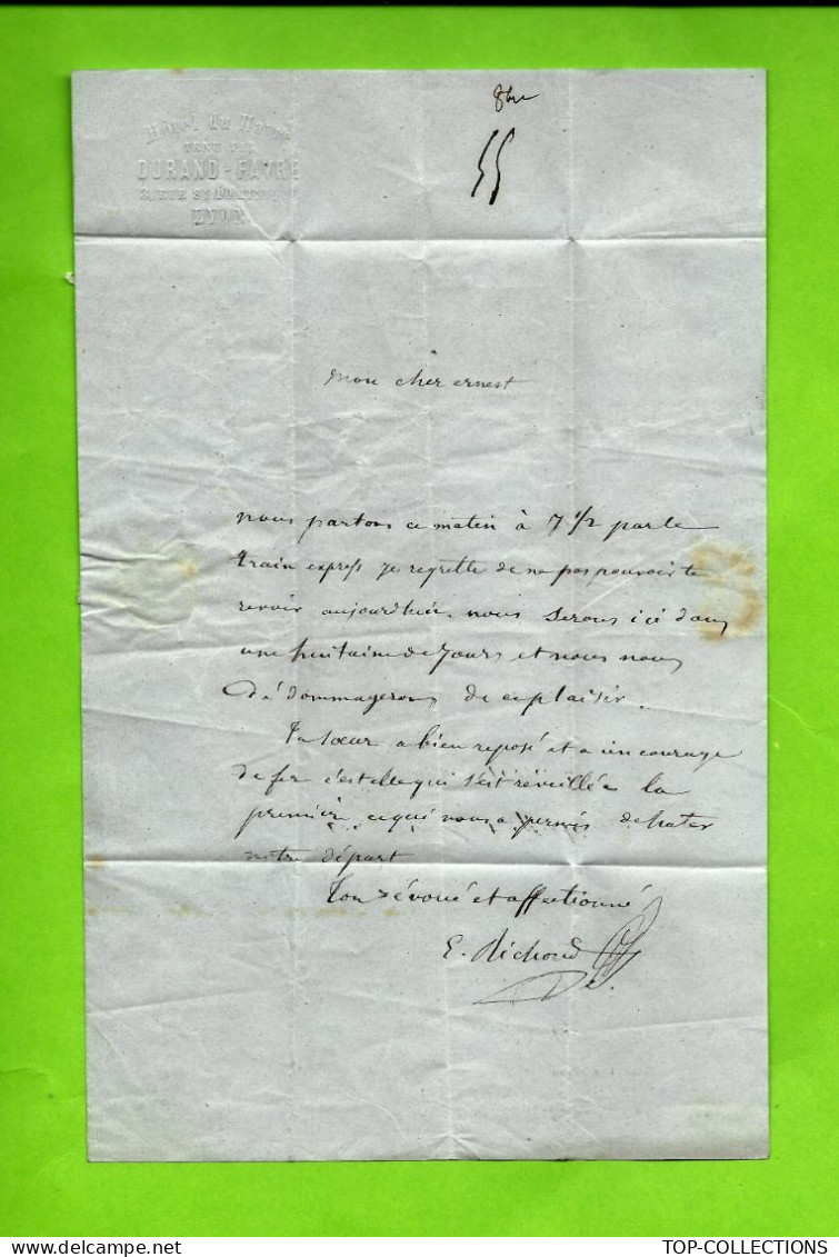 1855 TIMBRE EMPIRE Non Dentelé Oblitéré Lyon Pour Cette Ville EnTete Hotel Du Havre Durand Favre V.SCANS - 1849-1876: Période Classique