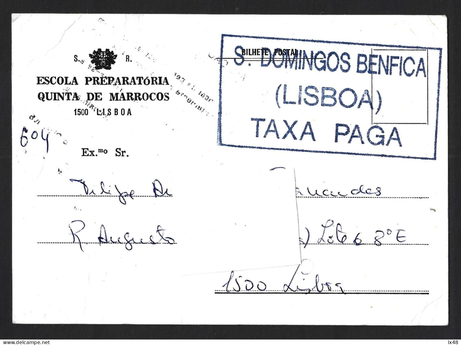 Postal Isento De Porte, Obliteração 'S. Domingos De Benfica, Lisboa, Taxa Paga'. Postage Free Of Postage, Obliteration ' - Storia Postale