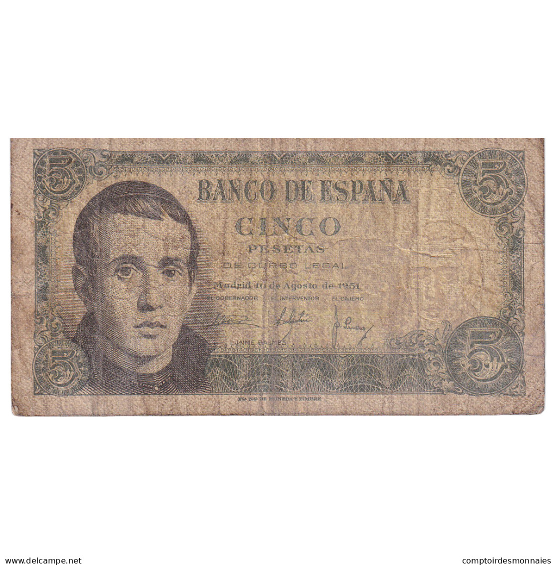 Espagne, 5 Pesetas, 1951, 1951-08-16, KM:140a, B - 5 Pesetas