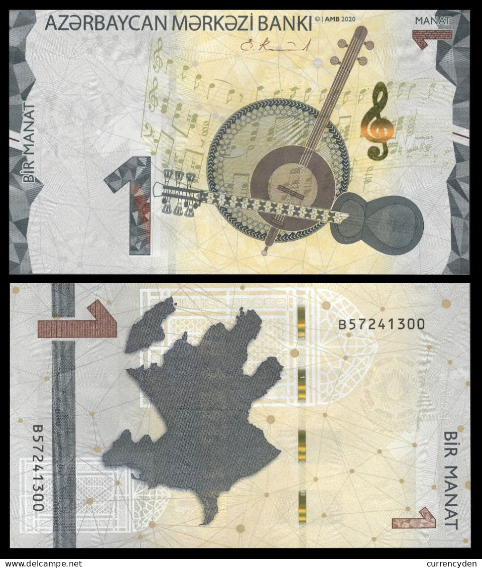 Azerbaijan P-new, 1 Manat, Musical Instruments, G-clef Note / Map 2020, UNC - Azerbaïdjan