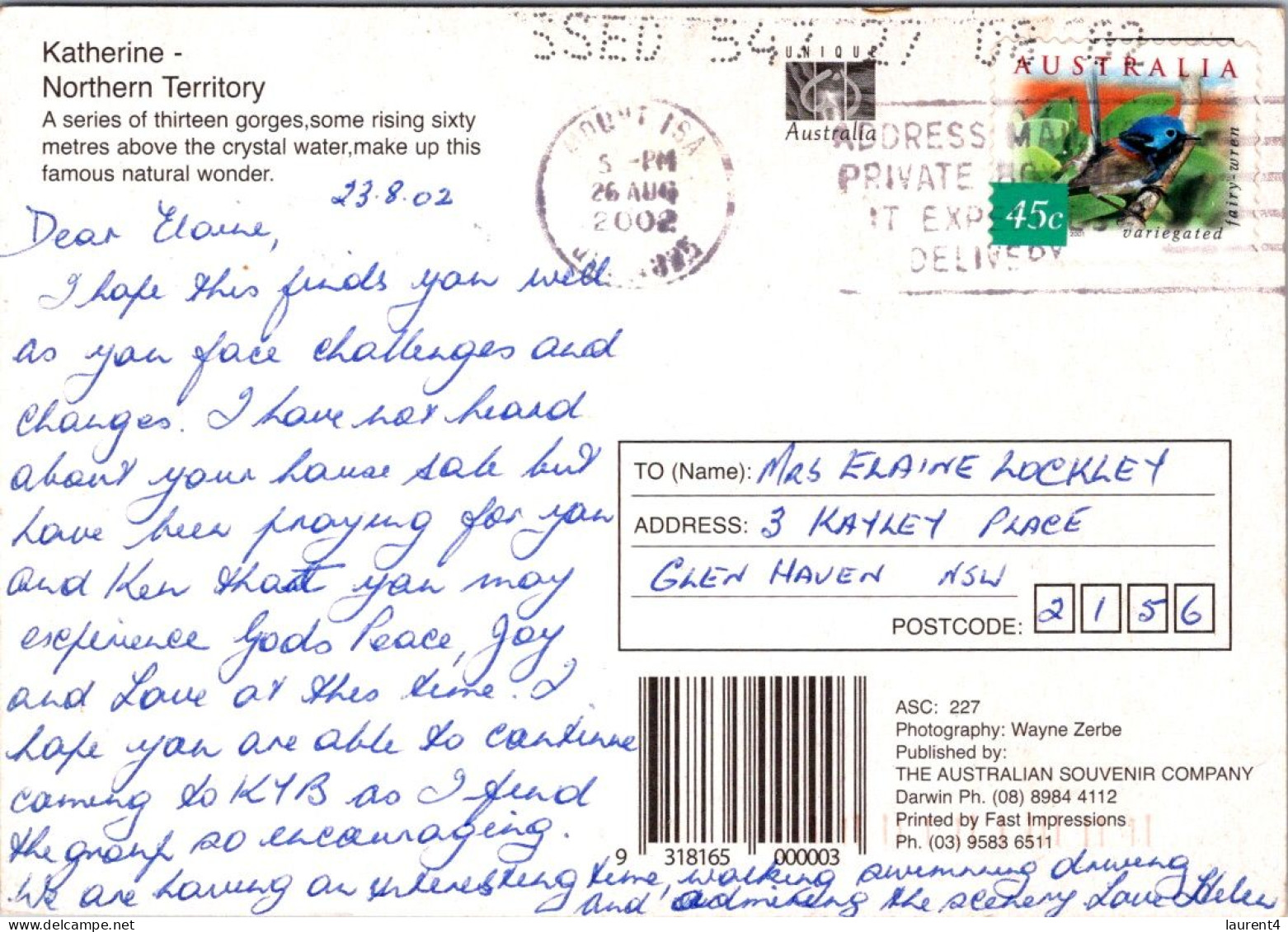 29-10-2023 (5 U 34) Australia - NT - Katherine Gorge (posted With Bird Stamp) - Katherine