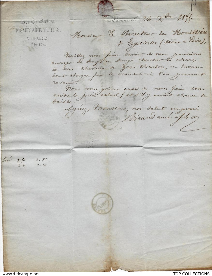 1855 Timbre Empire Non Dentelé  ENTETE ROULAGE TRANSPORT Ricaud  Beaune Cote D’Or Pour Directeur Des Houillères D’Epinac - 1800 – 1899