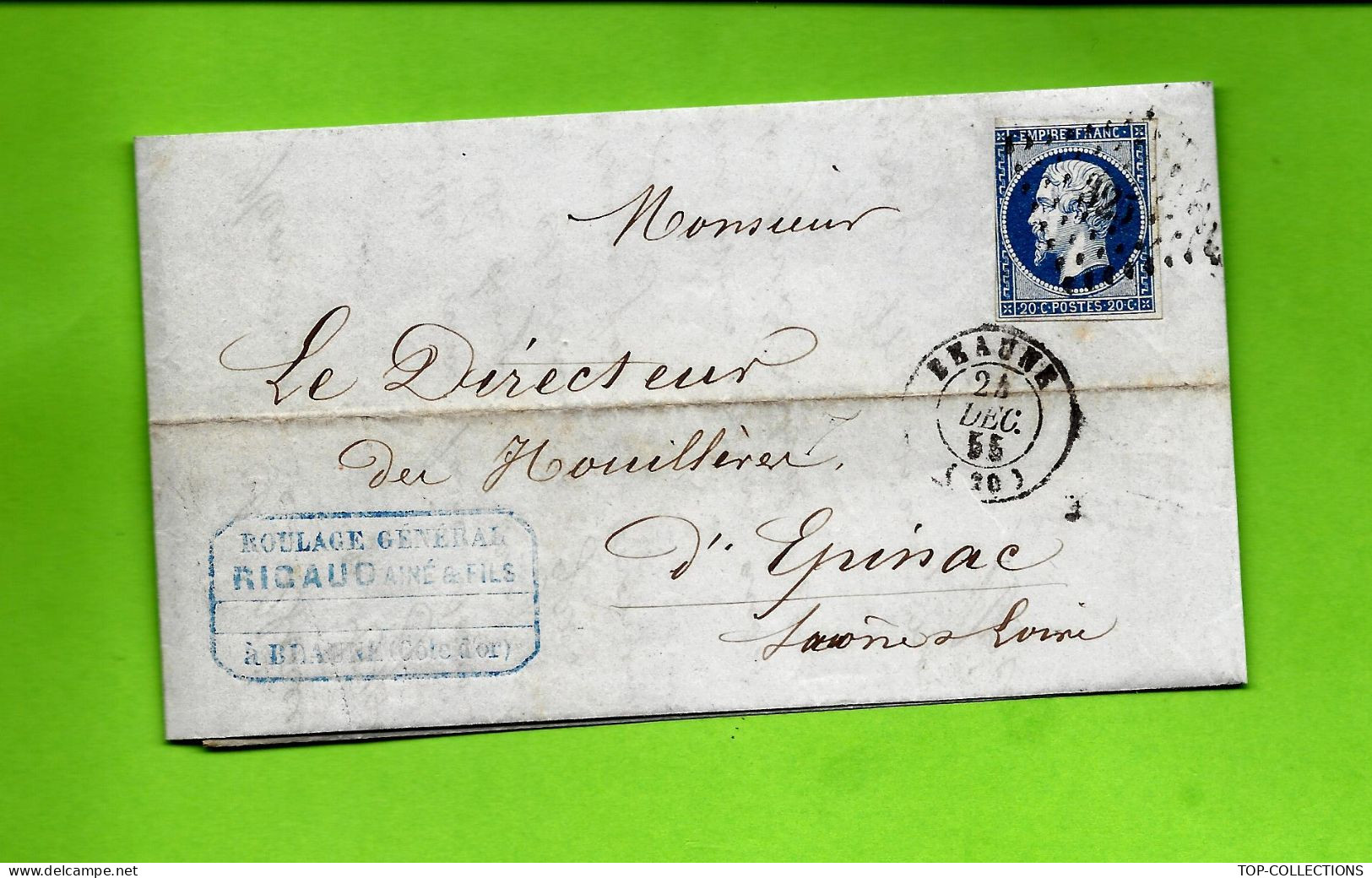 1855 Timbre Empire Non Dentelé  ENTETE ROULAGE TRANSPORT Ricaud  Beaune Cote D’Or Pour Directeur Des Houillères D’Epinac - 1800 – 1899