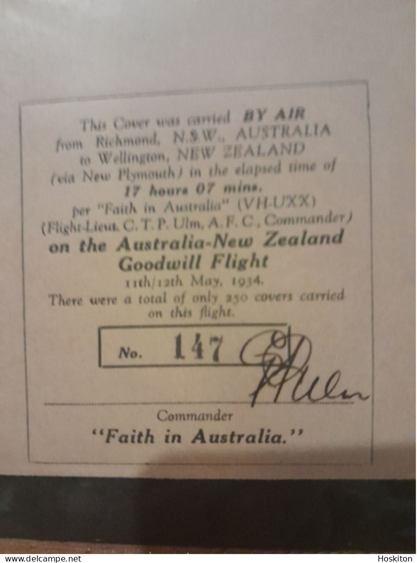 11 May 1934 Sydney-Wellington VH-UXX Faith In Australia Goodwill Flight. - Briefe U. Dokumente