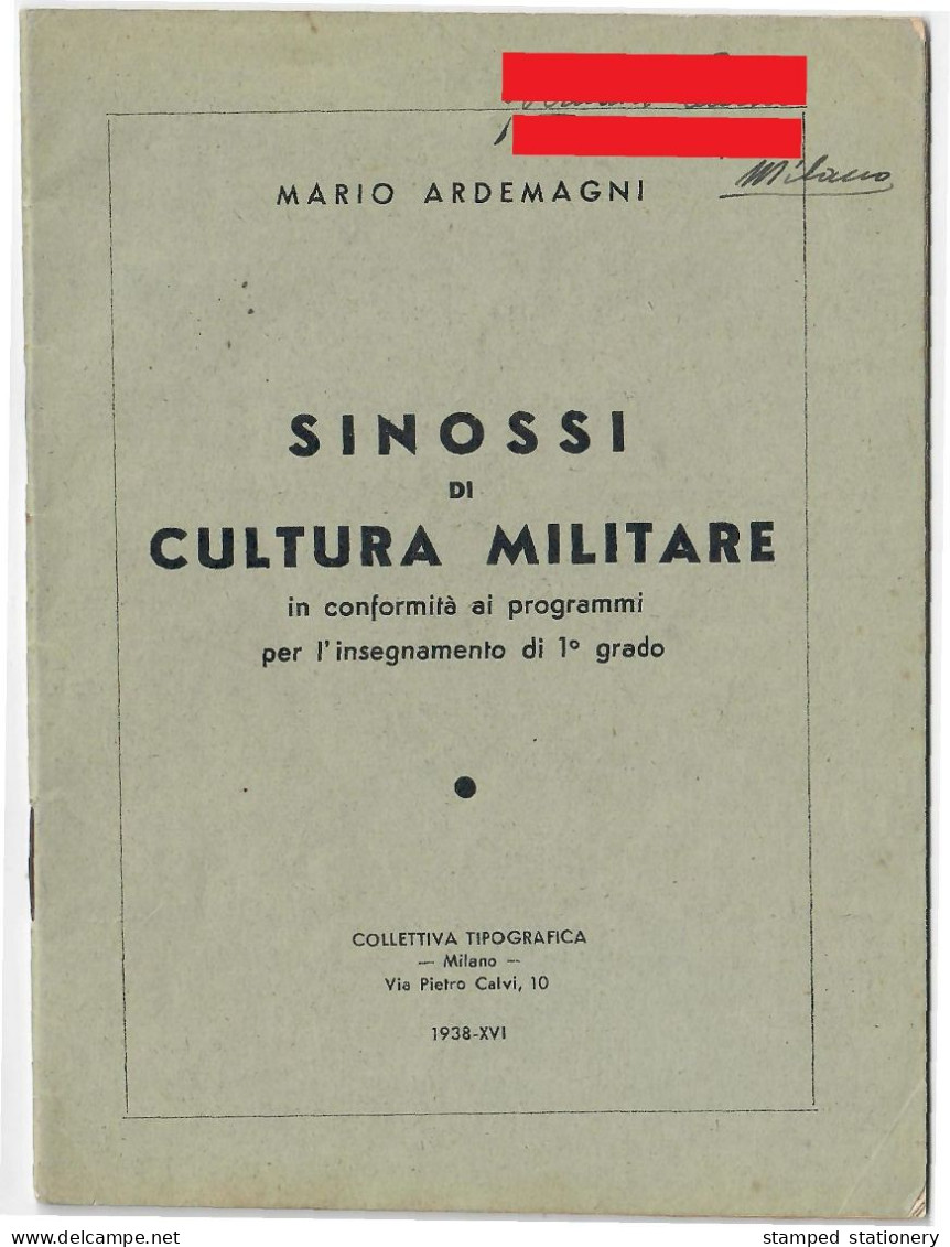 SINOSSI DI CULTURA MILITARE 1939 - IN CONFORMITÀ AI PROGRAMMI PER L'INSEGNAMENTO DI 1° GRADO - AUTORE: MARIO ARDEMAGNI - War 1939-45