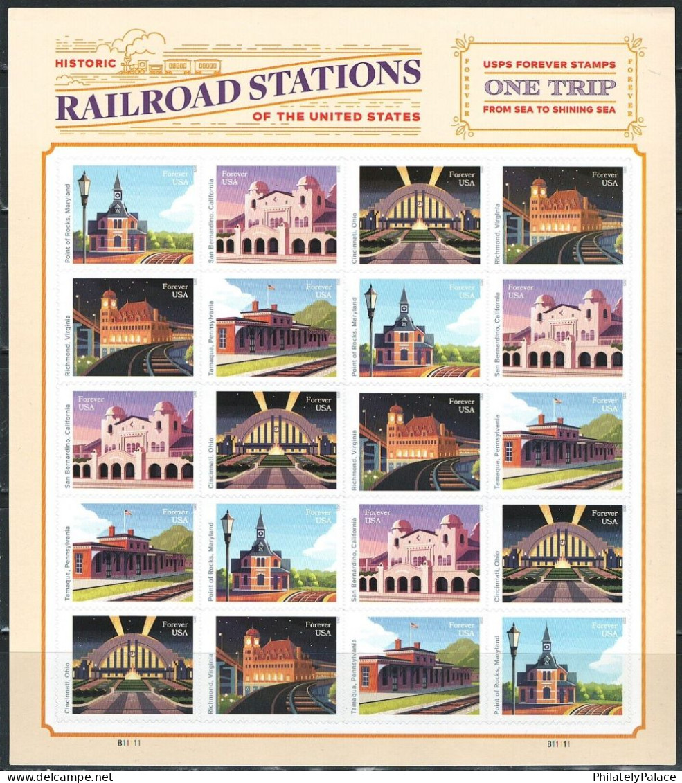 United States USA 2023 Railroad Stations, Architecture,Train,Railway,Virginia,Maryland,California Booklet Of 20 MNH(**) - Neufs