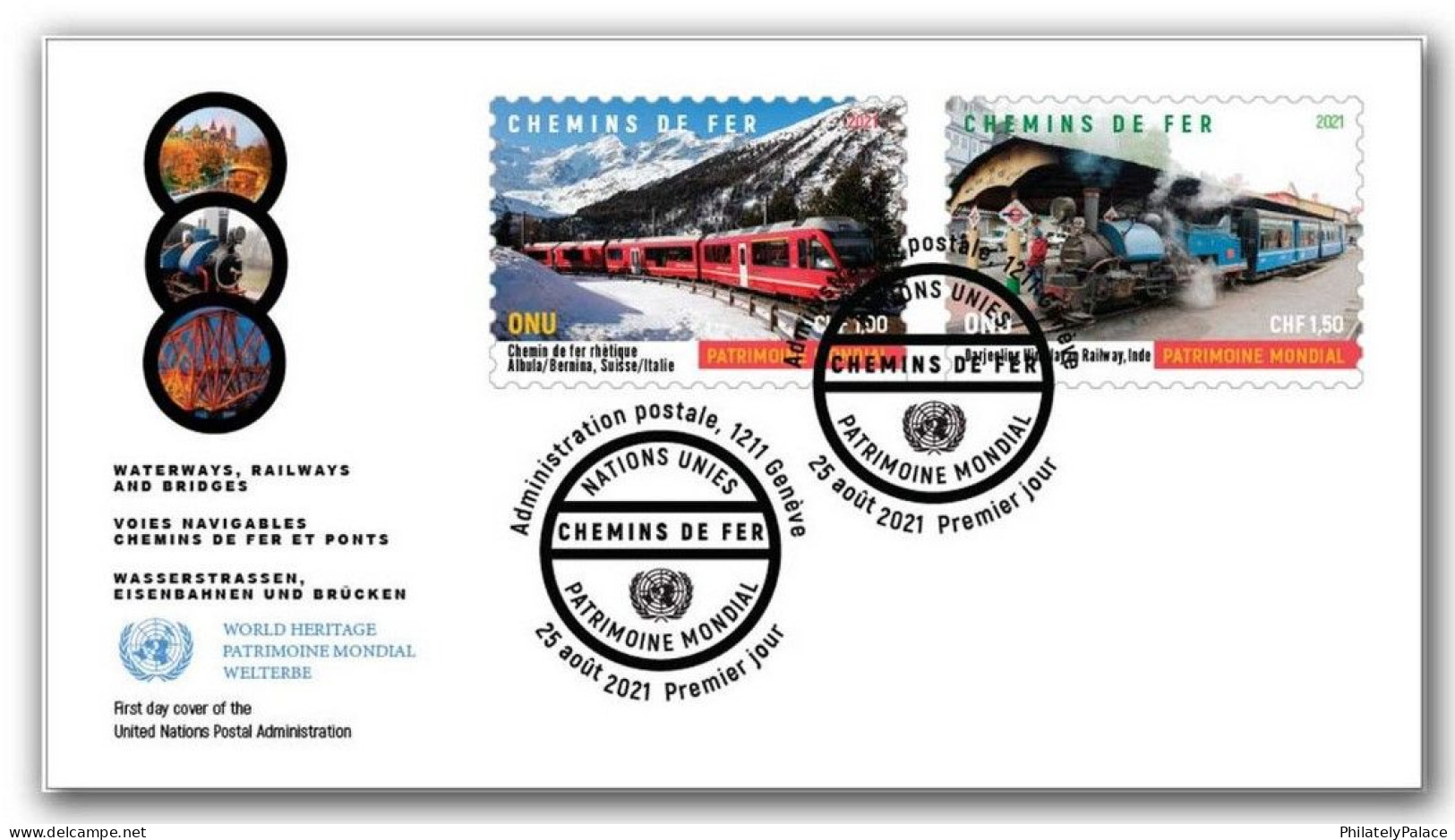 UN United Nation 2021 Darjeeling Railway,Albula Line, Steam Engine, Train 2v Stamp FDC Cover (**) India Italy - Brieven En Documenten