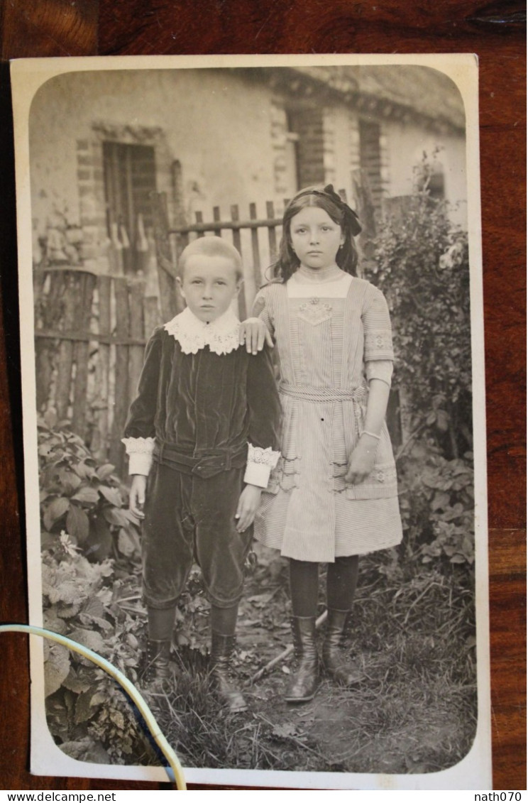 Carte Photo 1910's Enfants Fille Garçon Costume Velours Tirage Print Vintage - Portraits