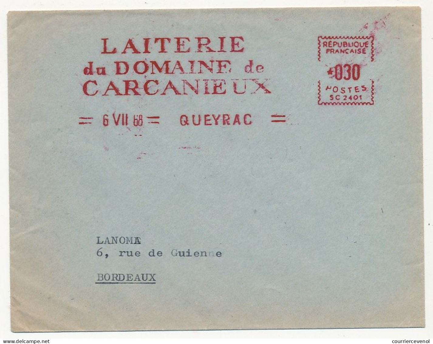 FRANCE - Enveloppe EMA - Laiterie Du Domaine De Carcanieux- 6/7/1968 - QUEYRAC (Gironde) - EMA (Empreintes Machines à Affranchir)