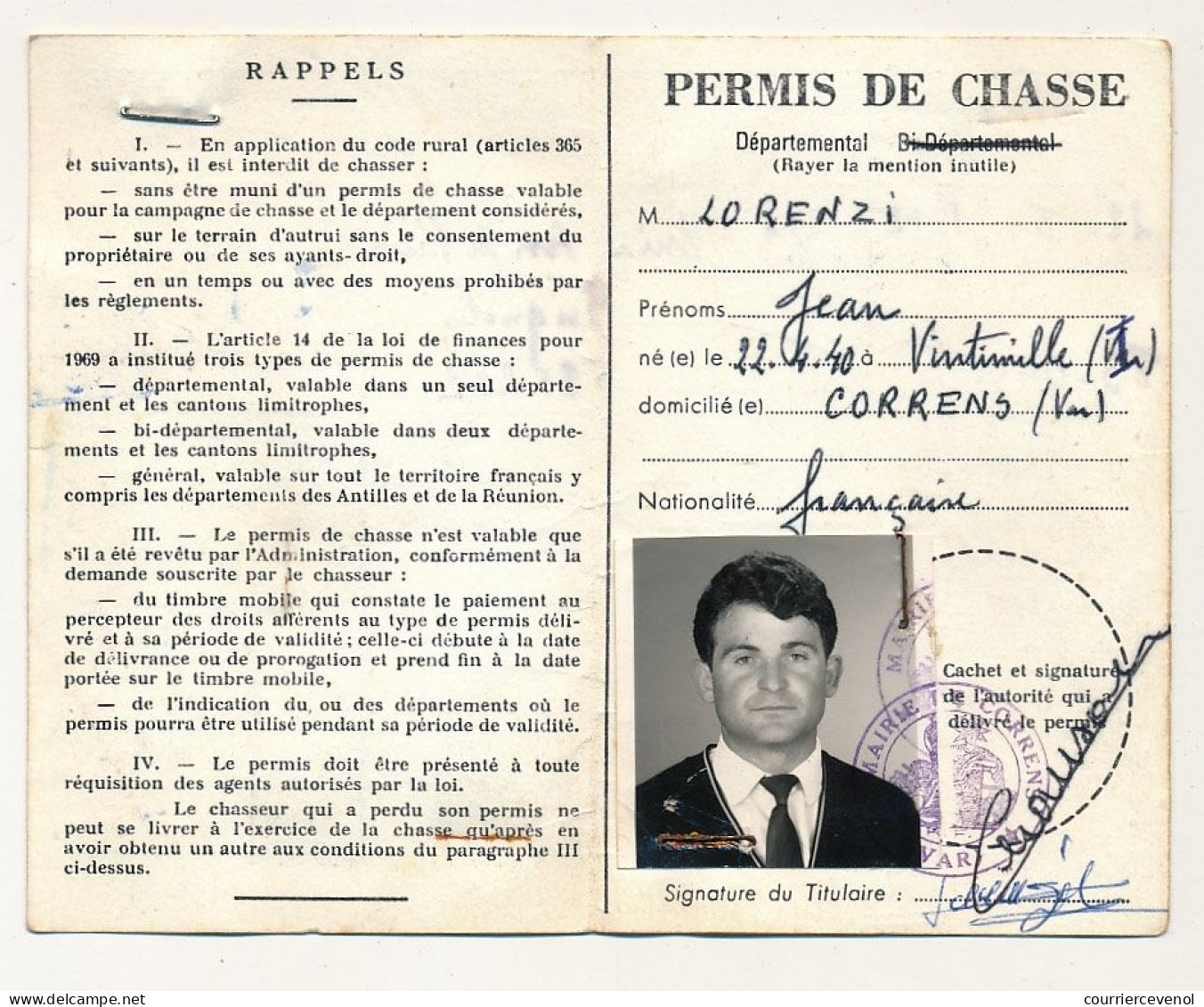 Permis De Chasse Départemental - Timbres Fiscaux "Permis Départemental" 1973, 1974 Et 1975 - Perception De Carces - Lettres & Documents