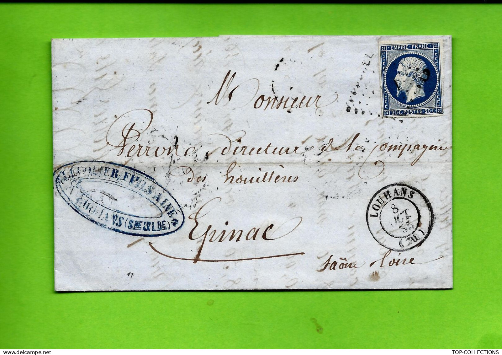 1855  TIMBRE EMPIRE Oblitéré Non Dentelé De Louhans   Saone Et Loire Lecolier > Epinac  Directeur Des Houillères V.SCANS - 1800 – 1899