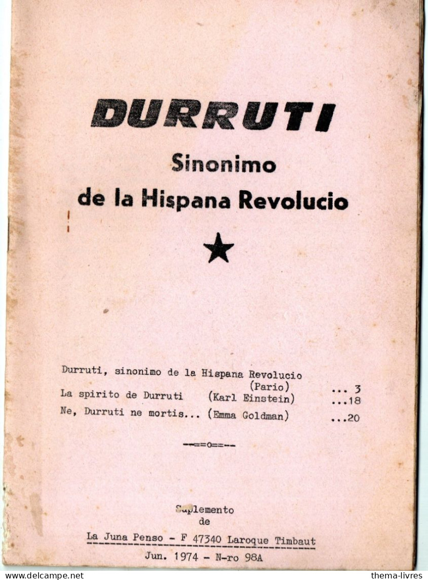 (esperanto)  (espagne)  DURRUTI  Sinonimo  De La Hispana Revolutio   1974  (M6038) - Cultura