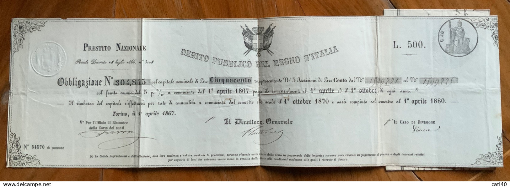 DEBITO PUBBLICO DEL REGNO D'ITALIA - PRESTITO NAZIONALE 1867  - OBBLIGAZIONE \ L. 500 - Trasporti