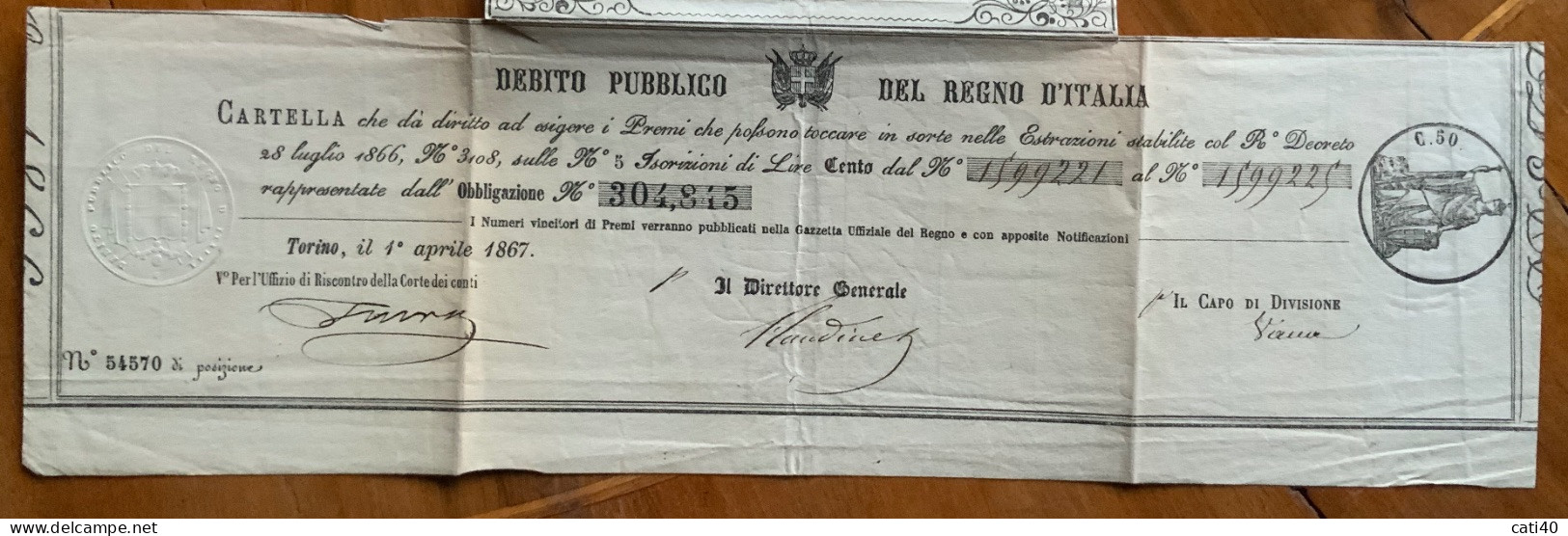 DEBITO PUBBLICO DEL REGNO D'ITALIA - CARTELLA CHE DA DIRITTO AI PREMI  1867 - Trasporti