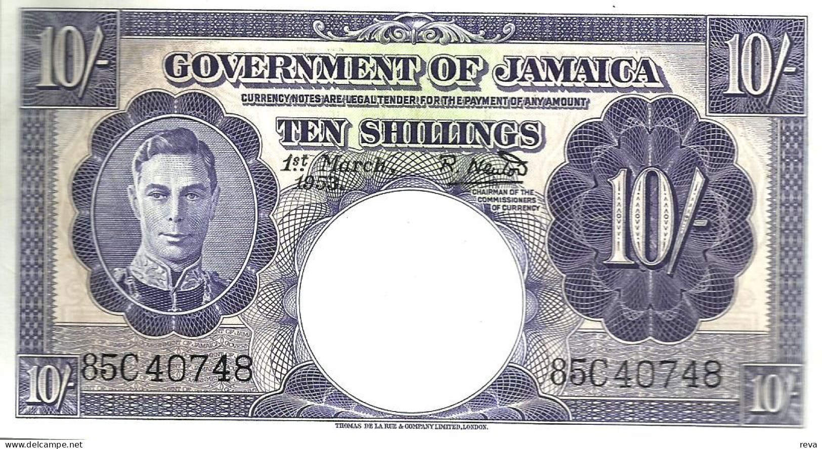 JAMAICA BRITISH 10 SHILLINGS BLACK KVGI HEAD  FRONT  MOTIF BACK DATED 01-03-1953 P39 AUNC READ DESCRIPTION !! - Jamaica