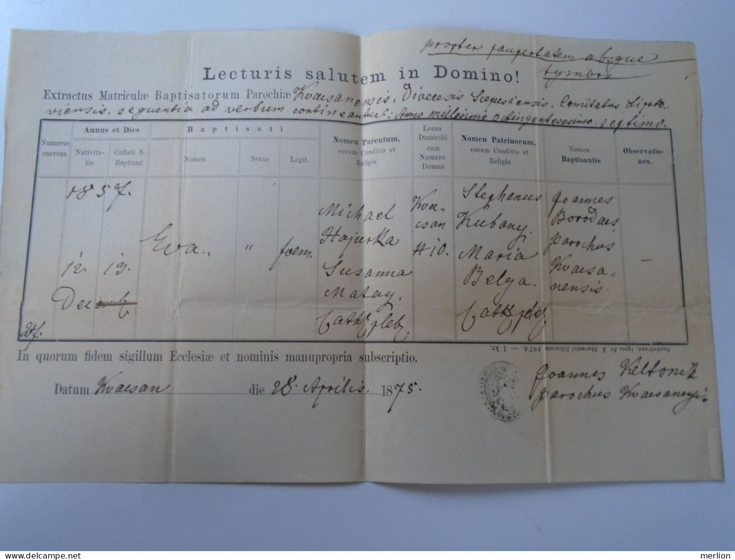 ZA466.7  Old Document  - Slovakia  Kvacsan Kvačany Zilina - 1875 Eva Hajurka -Lapitka - Geboorte & Doop