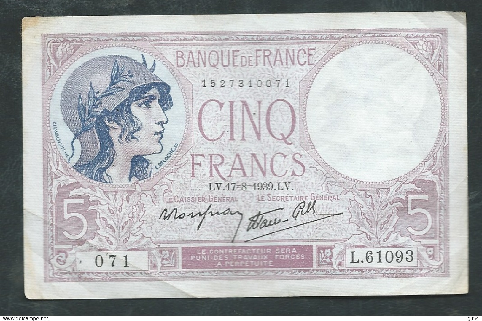 FRANCEFrance, 5 Francs, Violet, 17/8/1939  - 071 L.61093-  LAURA 12803 - 5 F 1917-1940 ''Violet''