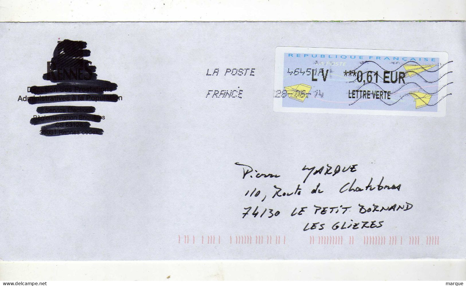 Enveloppe FRANCE Avec Vignette Affranchissement Lettre Verte LA POSTE 46451 28/06/2014 - 2000 « Avions En Papier »