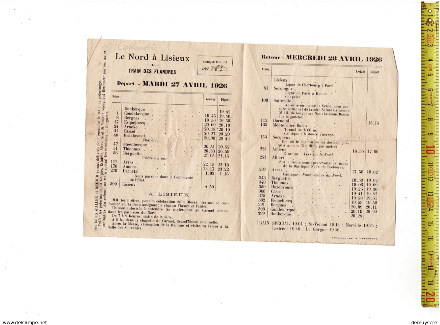 SOLDE 3059 - LE NORD A LISIEUX TRAIN DES FLANDRES - DEPART MARDI 27 AVRIL 1926 - RETOUR 28 AVRIL 1926 - Europa