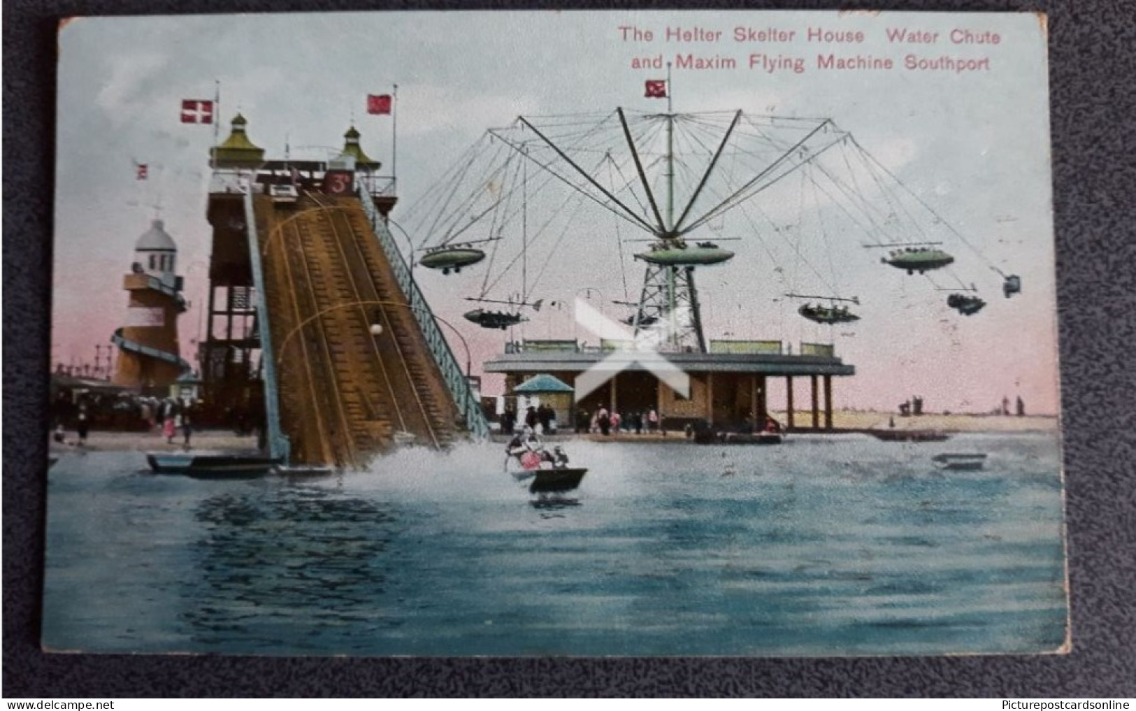 THE HELTER SKELTER HOUSE AND MAXIM FLYING MACHINE SOUTHPORT OLD COLOUR POSTCARD LANCASHIRE - Southport