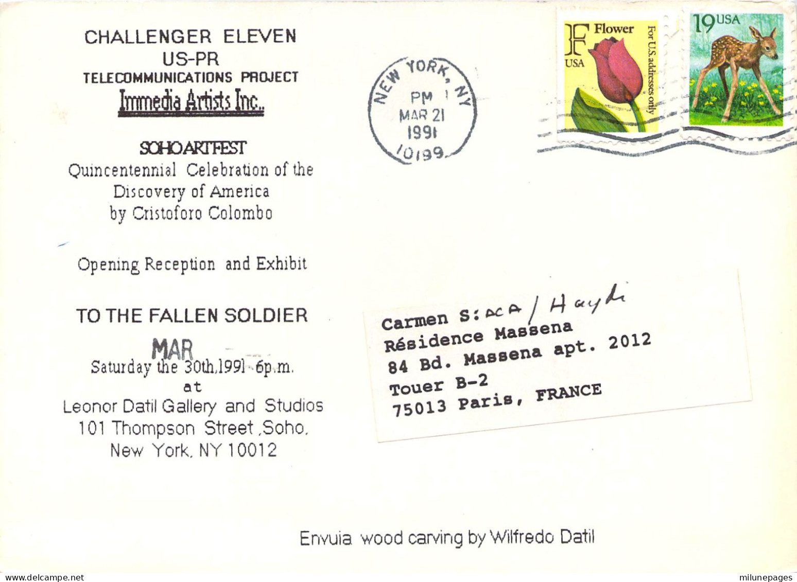 USA NY Challenger Eleven US-PR Immedia Artists Inc. Sohoartfest Mar. 1991 Enyuia Wood Carving By Wilfredo Datil - Exposiciones