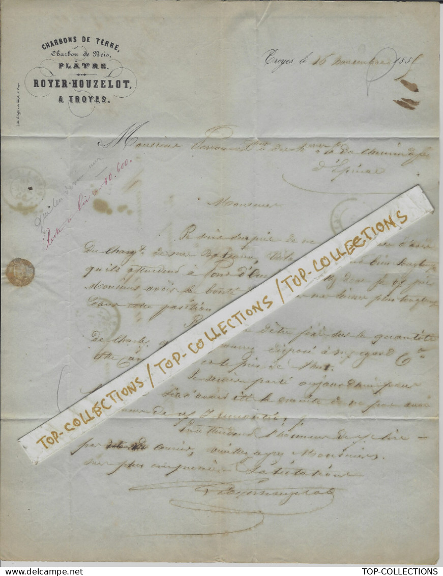 1855  ENTETE Royer Houzelot Troyes Aube Charbons De Bois & De Terre Pour Houilleres D’Epinac Saone Et Loire V.HISTORIQUE - 1800 – 1899