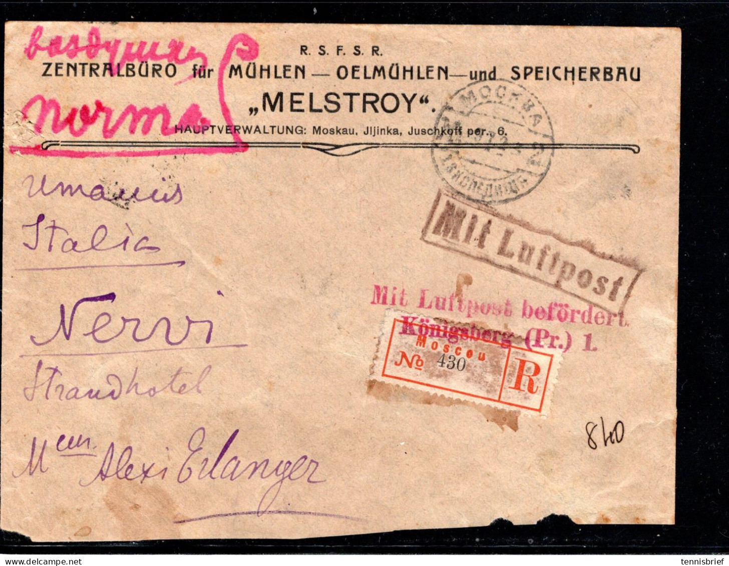 1923 ,very  Early Air Mail Cover Moskau To Italy , Commercial ,registered , Airmail Postmarks , Rare ! - Covers & Documents