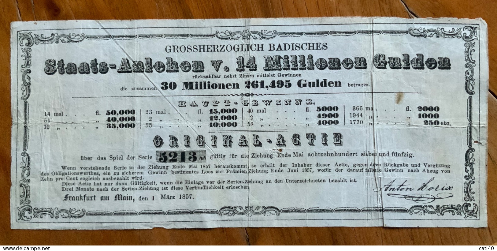 FRANKFURT AM MAIN 1 MARZ 1857 - GROSSHERZOGLICH BADISCHES -  STAATS - ANLEHEN ORIGINAL - ACTIE - 14 MILIONEN GULDEN - Transporte