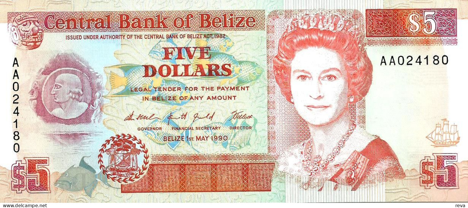 BELIZE $5 ORANGE WOMAN QEII FRONT & BIRD BACK 1ST PREFIX AA DATED 01-05-1990 UNC P53a READ DESCRIPTION!! - Belize