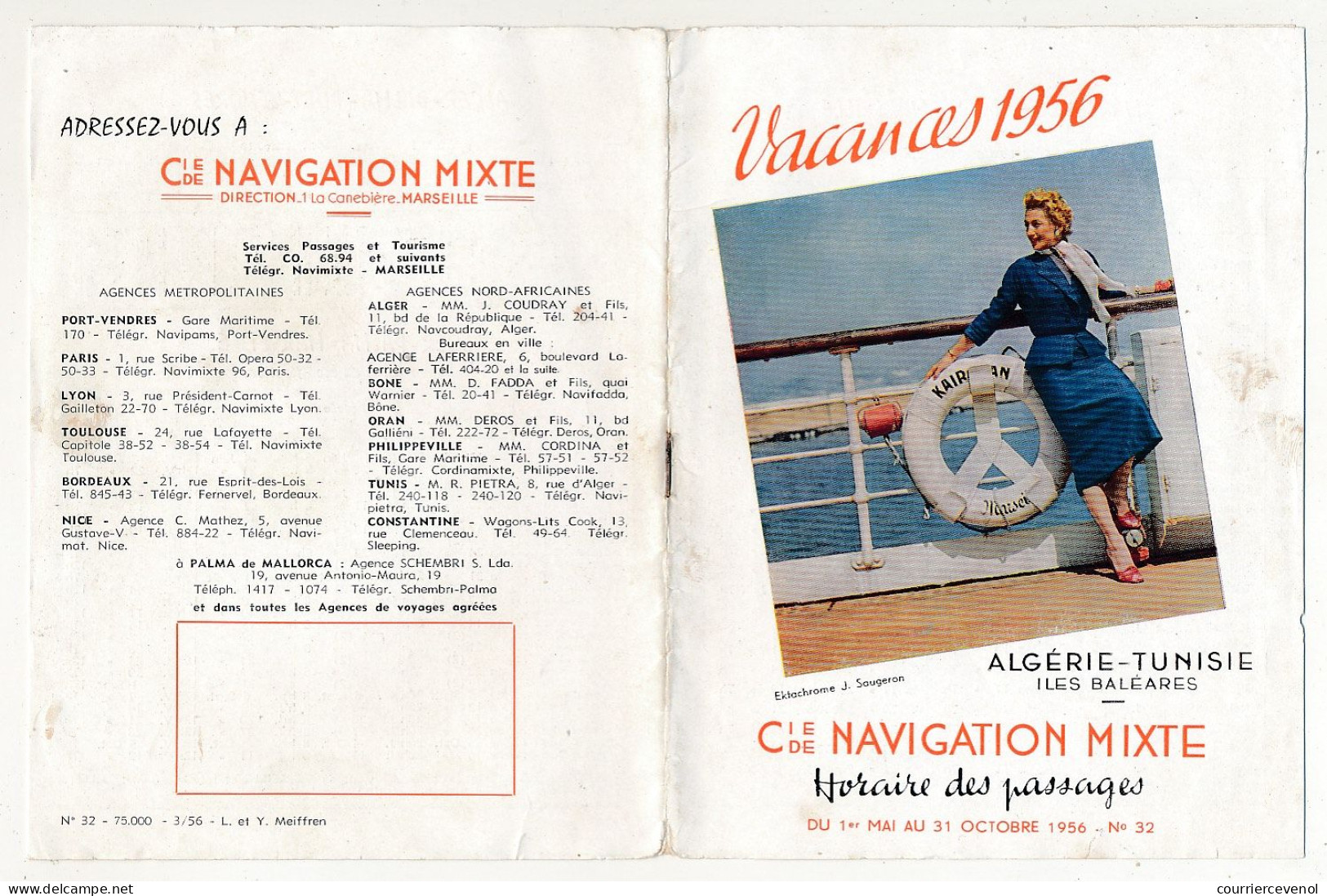 FRANCE - Horaires Vacances 1956 Algérie, Tunisie, Iles Baléares - Cie De Navigation Mixte - 1er Mai Au 31 Octobre 1956 - Mundo